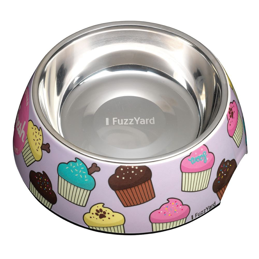 FuzzYard Easy Feeder Dog Bowl: pastel purple melamine with colorful cupcake design and stainless steel insert.