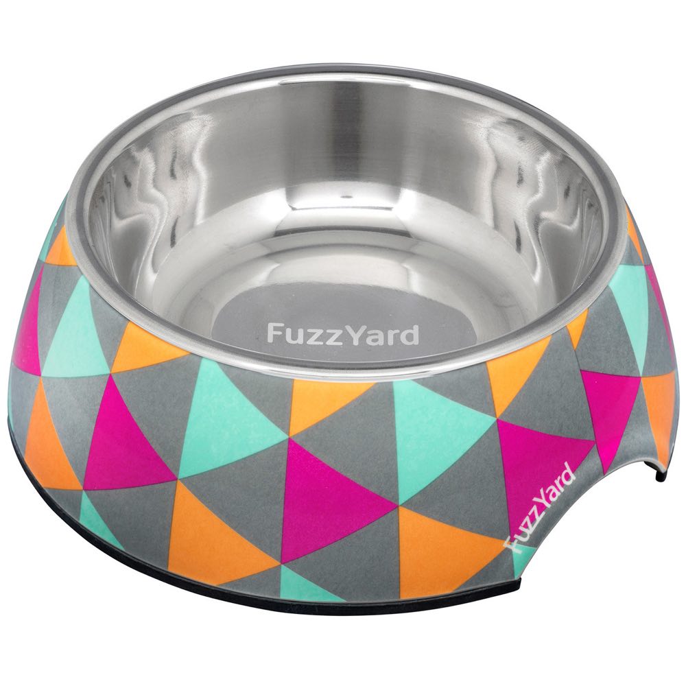FuzzYard Easy Feeder Dog Bowl (Pop) with a stainless steel insert and colorful geometric triangle print.