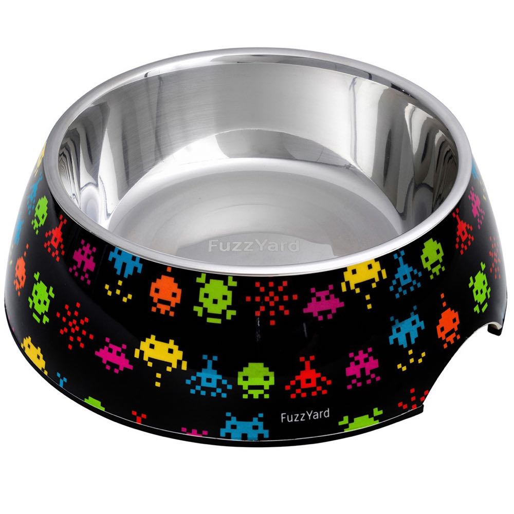 FuzzYard Easy Feeder Dog Bowl with a black melamine exterior and colorful pixelated space invaders design.