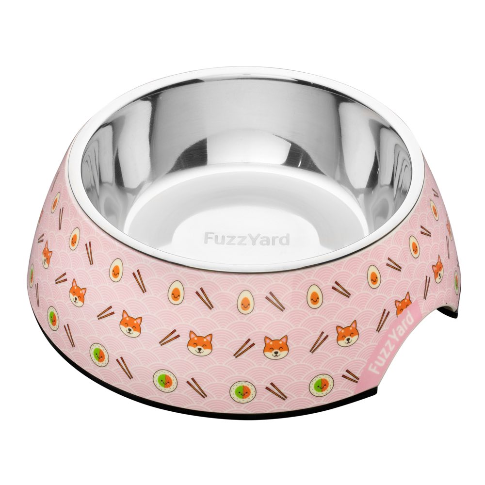 Pink FuzzYard Easy Feeder Dog Bowl (Sushiba) with stainless steel insert, featuring cute fox, sushi, and egg designs.