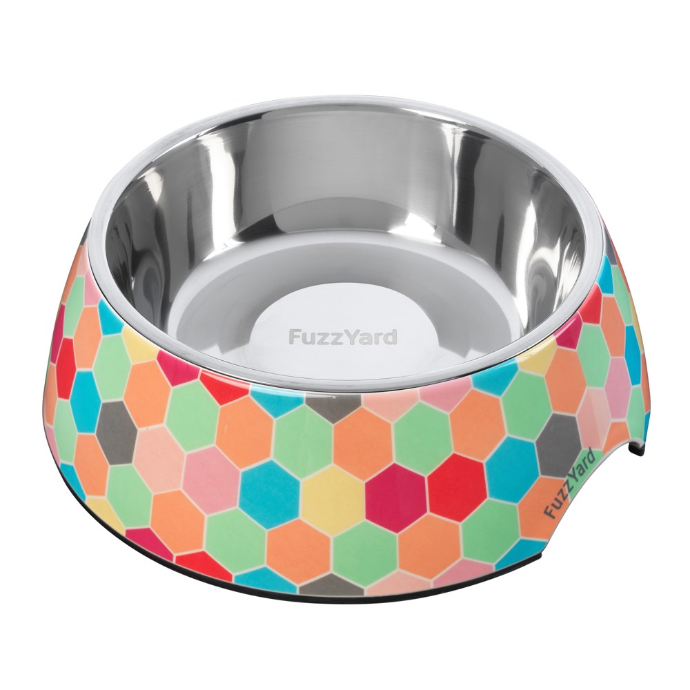 FuzzYard Easy Feeder Dog Bowl (The Hive) with a colorful hexagonal design and stainless steel insert.