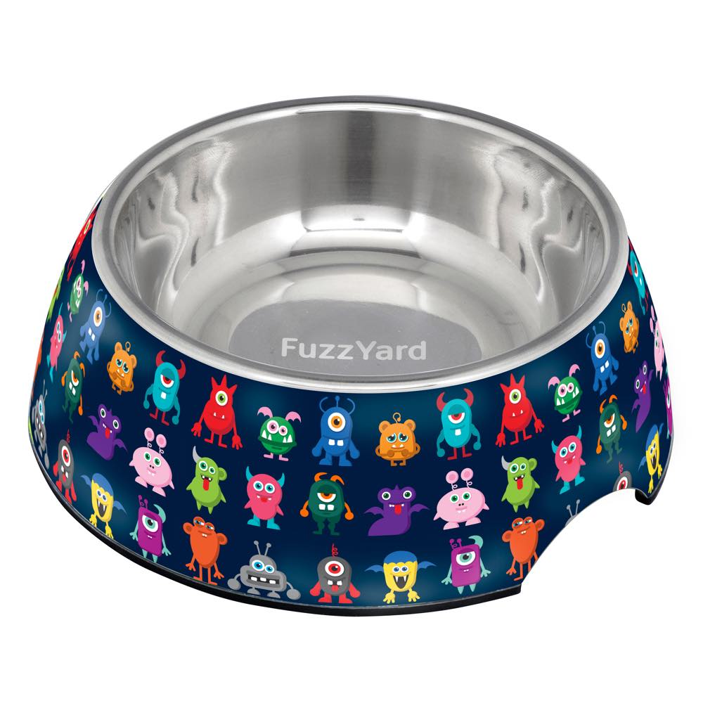 FuzzYard Easy Feeder Dog Bowl (Yardsters) with colorful monster print, stainless steel insert, and non-slip base.