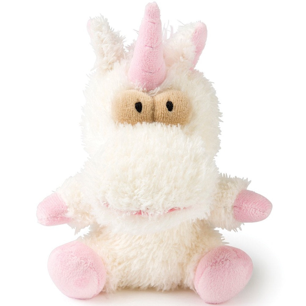 FuzzYard Electra the Unicorn plush dog toy: fluffy white body, pink horn, ears, and paws, with a squeaker.