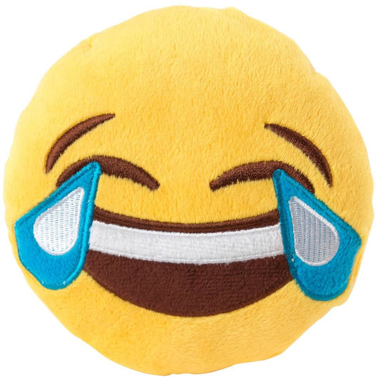 Yellow FuzzYard Bahaha plush dog toy, 28cm, with embroidered laughing face and blue tears.