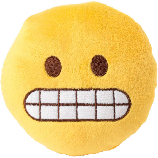 FuzzYard Emoji Eek plush dog toy, yellow with brown eyes and gritted white teeth.