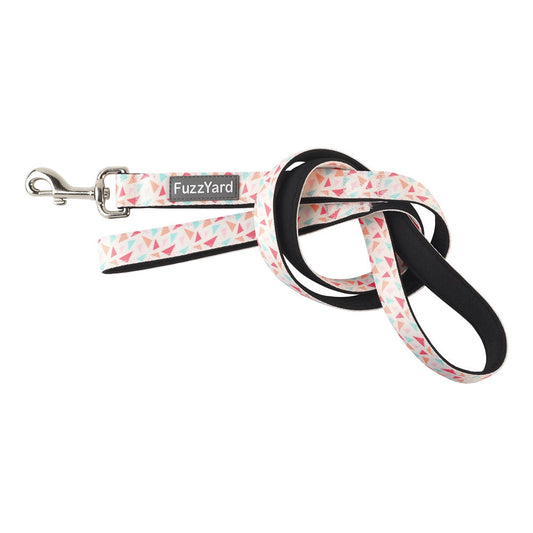 FuzzYard Fab Dog Lead: Cream neoprene with pink, orange, and teal triangles, stainless steel catch.