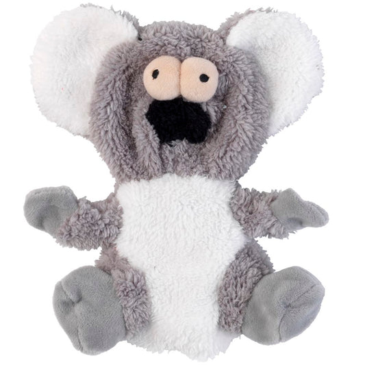 FuzzYard Flat Out Nasties Kana The Koala dog toy, gray and white, soft, stuffing-free plush with squeaker.