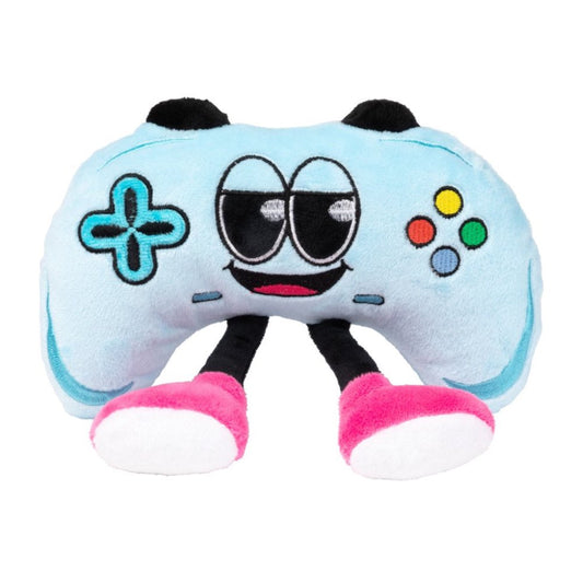 FuzzYard Gamezy dog toy: a light blue plush video game controller with a happy face, black legs, and pink feet.
