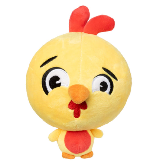 FuzzYard Hen Diesel plush dog toy: a yellow, round-headed chicken with red comb, wattle, and belly.