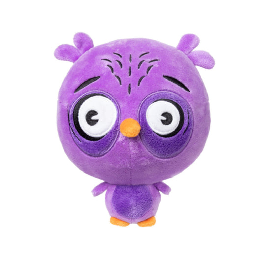FuzzYard Hoo-dini plush dog toy, a purple owl with big white eyes, orange beak, and small feet.