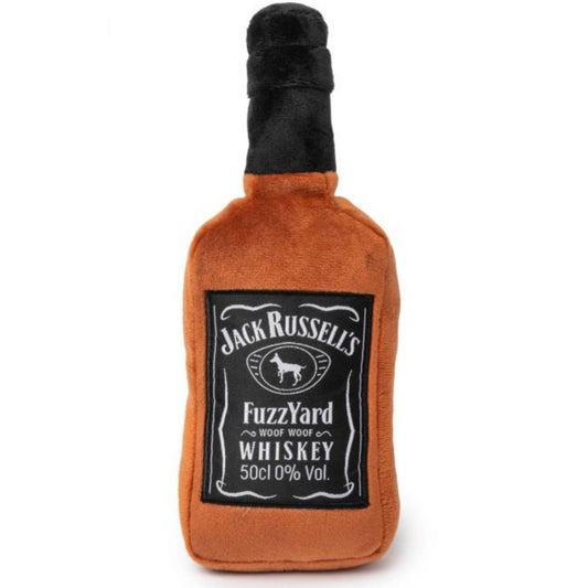 Plush orange FuzzYard Jack Russell's Woof Woof Whiskey dog toy with black label and squeaker.