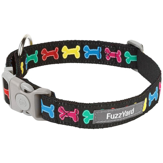 FuzzYard Jelly Bones black nylon dog collar with colorful bone pattern, grey buckle, and D-ring.