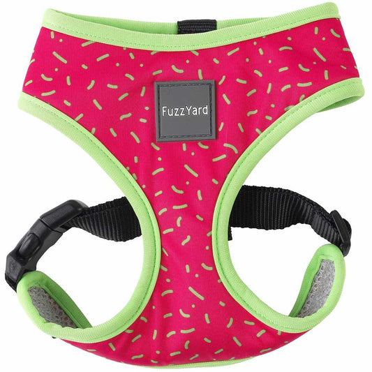 FuzzYard Juicy dog harness in pink with green "sprinkle" pattern, lime green trim, and black straps.