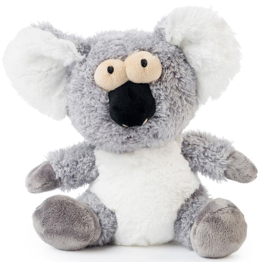 FuzzYard Kana The Koala plush dog toy, gray and white, with big eyes and a black nose.
