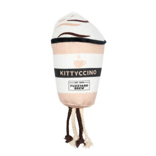 Plush cat toy shaped like a Kittyccino coffee cup with white whipped cream, brown stripes, and dangling rope strings.