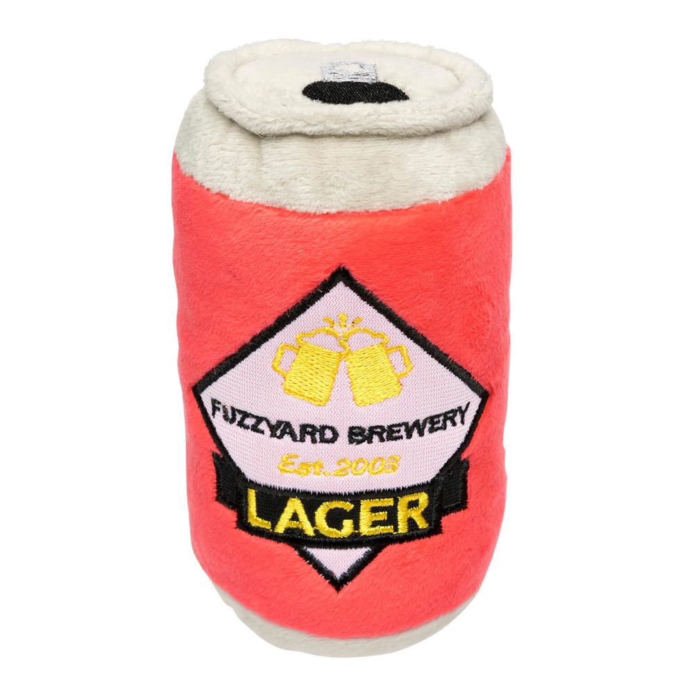 FuzzYard Lager Beer plush dog toy, a red polyester can with "FuzzYard Brewery Lager" label.