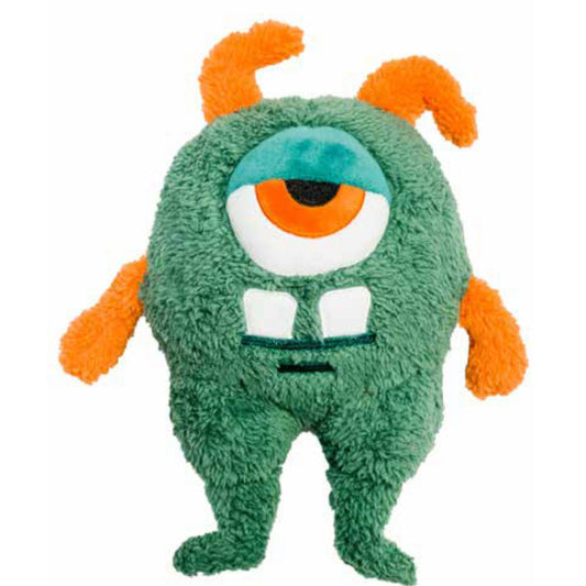 FuzzYard Legstrong Khaki Plush Dog Toy: green furry monster with one orange eye, orange horns, and white teeth.