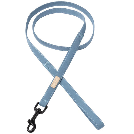 French Blue FuzzYard Life dog leash, soft cotton with visible white stitching, matte black hardware, and a tan brand tag.