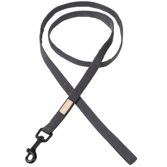 FuzzYard Life dog leash in slate grey cotton with matte black hardware and a beige brand tag.