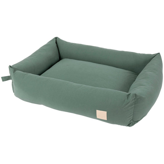 FuzzYard Life Lounge Dog Bed in Myrtle Green, 100% cotton, with a removable cover and minimalist design.
