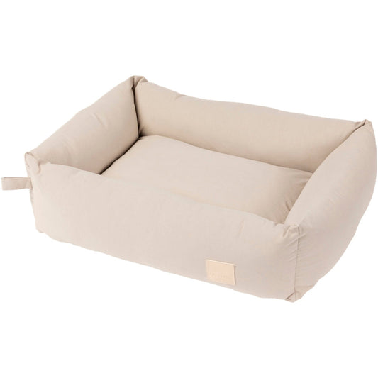 FuzzYard Life Lounge Dog Bed in sandstone, a rectangular 100% cotton pet bed with a removable cover.