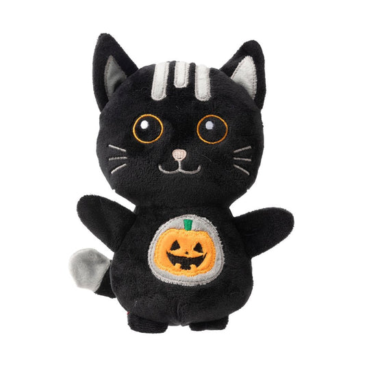 Black plush cat dog toy with white stripes, orange eyes, and a jack-o'-lantern on its belly.
