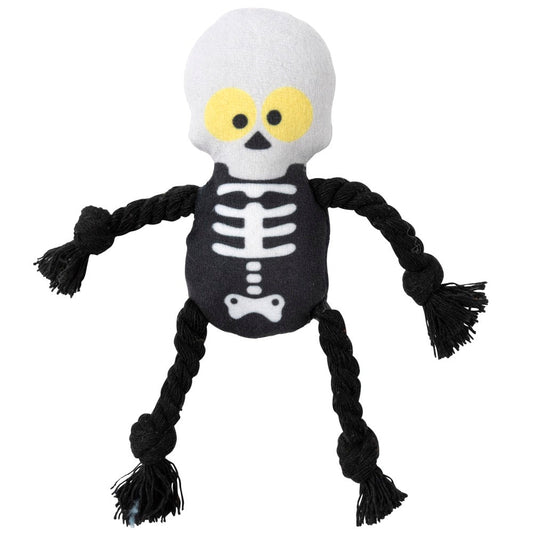 FuzzYard Meowloween Indiana Bones cat toy: black plush skeleton body with white bones, white skull, yellow eyes, and black rope limbs.