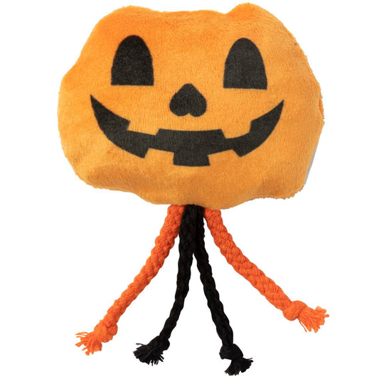 FuzzYard Meowloween Percy Pumpkin plush cat toy, orange with black jack-o'-lantern face and braided rope legs.