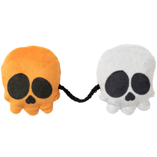 FuzzYard Meowloween Scully & Sully plush catnip skeleton toys, one orange and one white, connected by a black string.