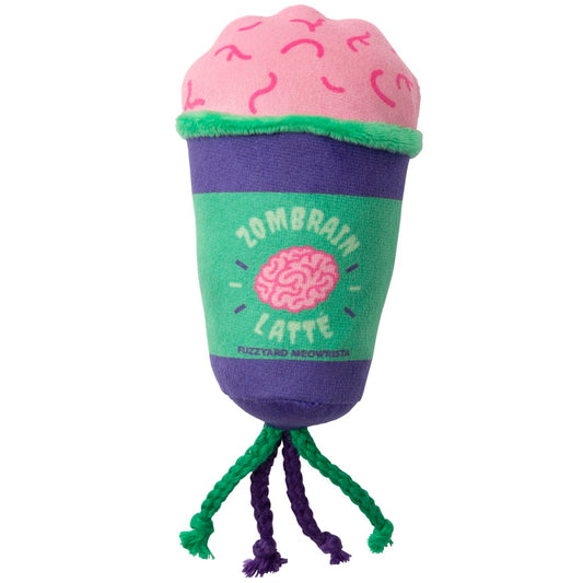 FuzzYard Meowloween Zombrain Latte plush cat toy: purple and green cup with pink brain top, crinkle texture, catnip.