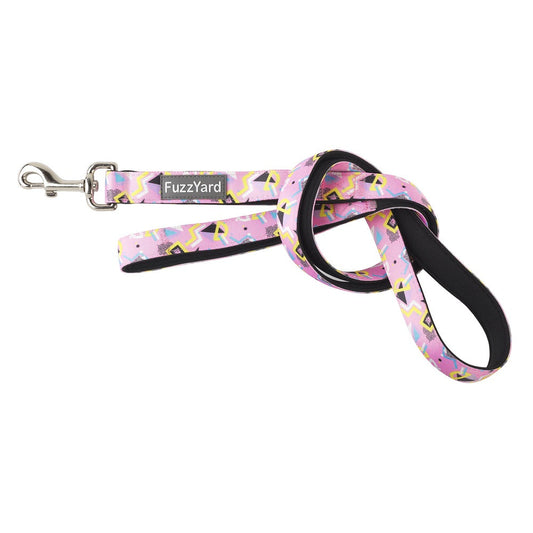 FuzzYard Miami dog lead: pink neoprene with multicoloured geometric pattern, stainless steel clasp, and comfortable hand loop.