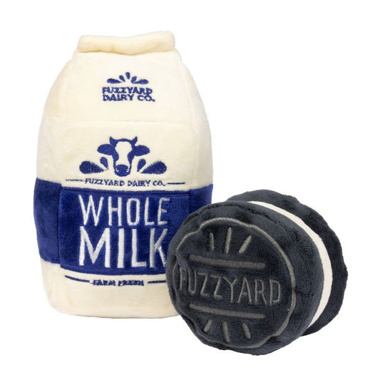 Plush FuzzYard Milk & Cookie dog toys: a white "Whole Milk" carton and a dark grey sandwich cookie.