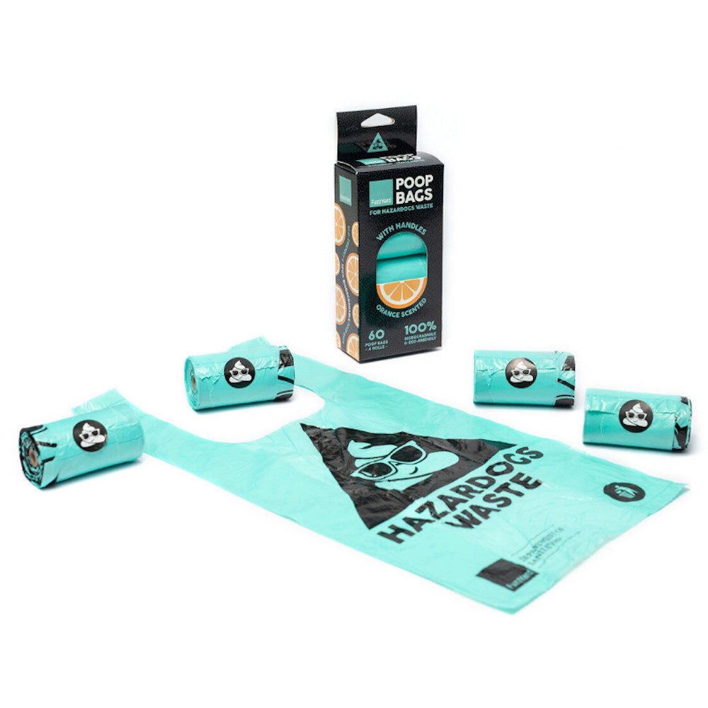 FuzzYard orange-scented, biodegradable teal poop bags with handles, 60ct, displayed with packaging.