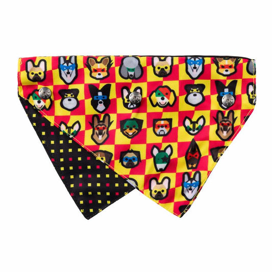 Reversible FuzzYard Doggoforce pet bandana with superhero dog faces on yellow and black polka dots.