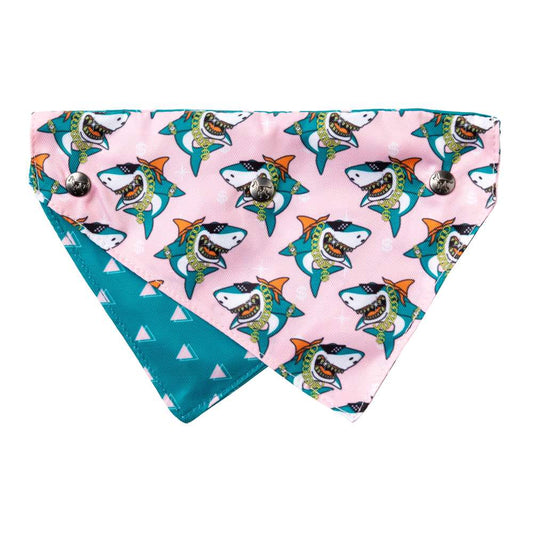 Reversible FuzzYard Pet Bandana with pink blinged-up sharks and teal geometric print, featuring press studs.