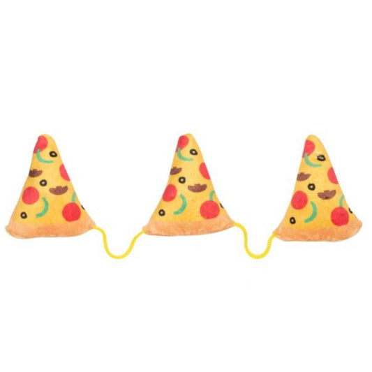 Three plush pizza slice cat toys, yellow with red pepperoni and brown olives, strung together.