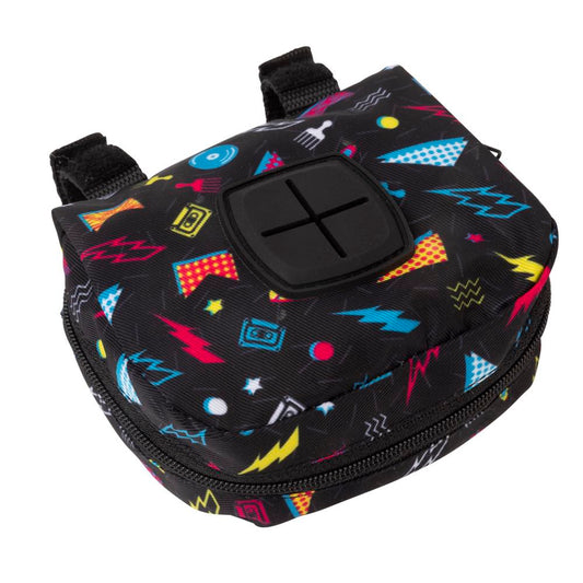 FuzzYard Bel Air poop bag dispenser, black polyester with colorful 90s-style geometric prints, velcro loops.