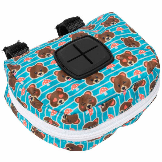 FuzzYard Poop Dispenser Bag in Fuzz Bear print, a blue polyester pouch with cartoon bears and mushrooms.