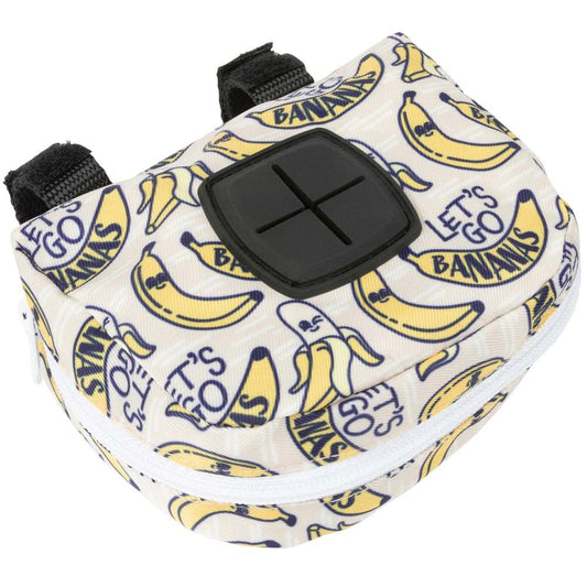 FuzzYard Poop Dispenser Bag in "Go Bananas" print, a cream polyester pouch with yellow bananas and black text.