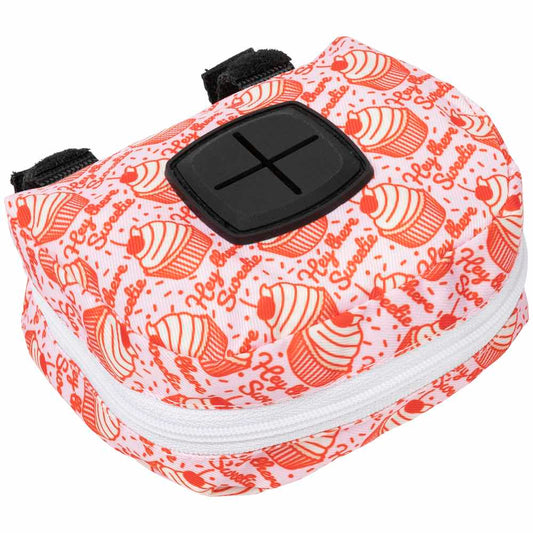 Pink FuzzYard Poop Dispenser Bag with red cupcakes and "Hey There Sweetie" text, black dispenser, and white zipper.
