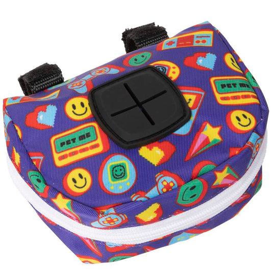 FuzzYard Highscore purple polyester poop bag dispenser with retro gaming and emoji print, white zipper, and black velcro loops.