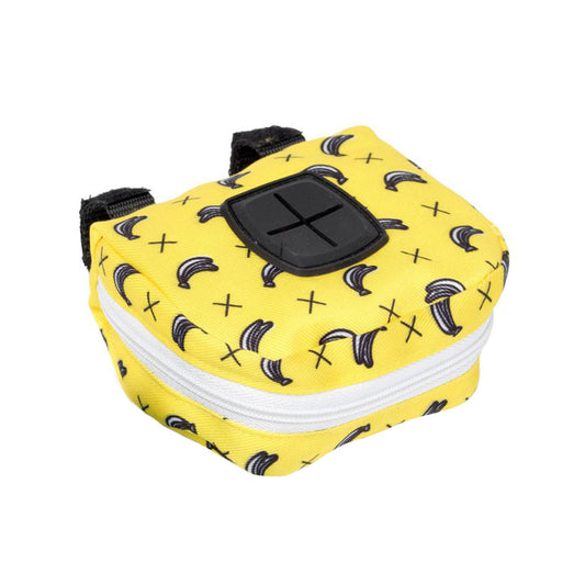 Yellow FuzzYard Poop Dispenser Bag with black banana print, a white zipper, and black velcro loops.