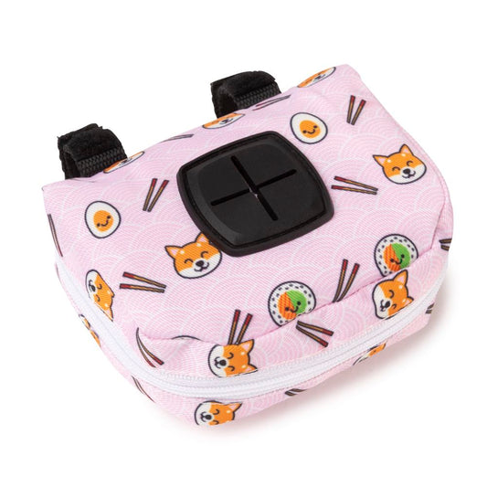 Pink polyester FuzzYard Poop Dispenser Bag with Sushiba print, black dispenser, and velcro loops.