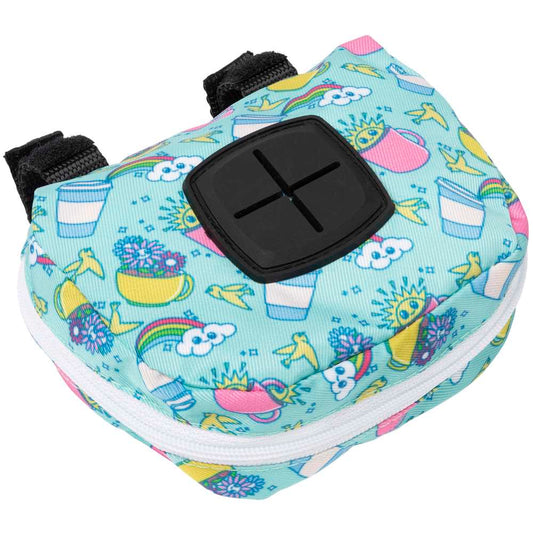 FuzzYard Poop Dispenser Bag in Wakey Wakey print, light blue polyester with colorful cups, rainbows, and bananas.