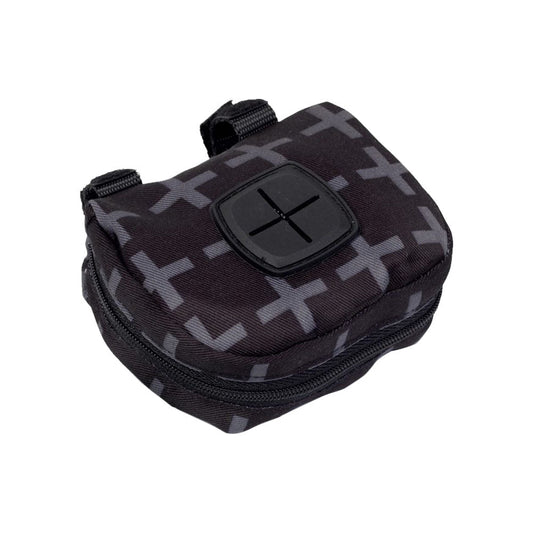 Black FuzzYard Poop Dispenser Bag with grey cross pattern, zipper, and rubber bag dispenser.