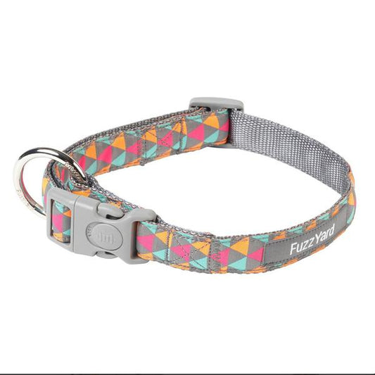 FuzzYard Pop dog collar in grey nylon webbing with multicoloured triangle pattern and stainless steel ring.