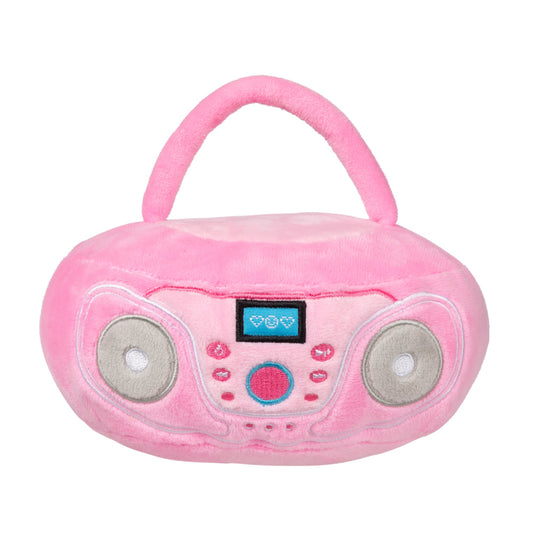 Pink plush FuzzYard portable CD player dog toy with embroidered early-2000s buttons and speaker details.