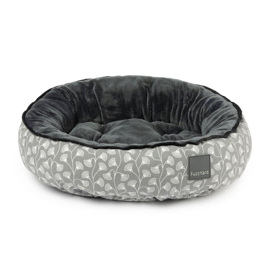 FuzzYard Barossa reversible dog bed with gray ginkgo leaf pattern and plush dark gray interior.