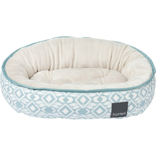 FuzzYard Reversible Dog Bed Chaouen, light blue and white geometric pattern with a soft cream interior.