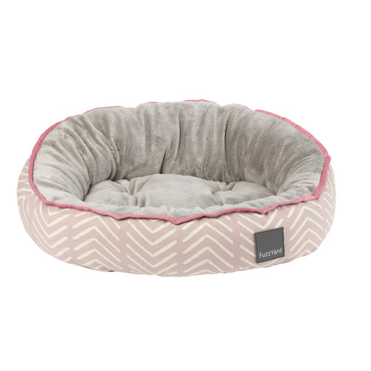 FuzzYard Reversible Dog Bed (Maricopa) with pink chevron pattern and soft grey plush interior.